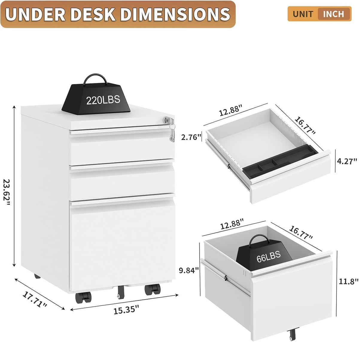CHRONOGRAIN 3 Drawer File Cabinet with Lock and Casters,White