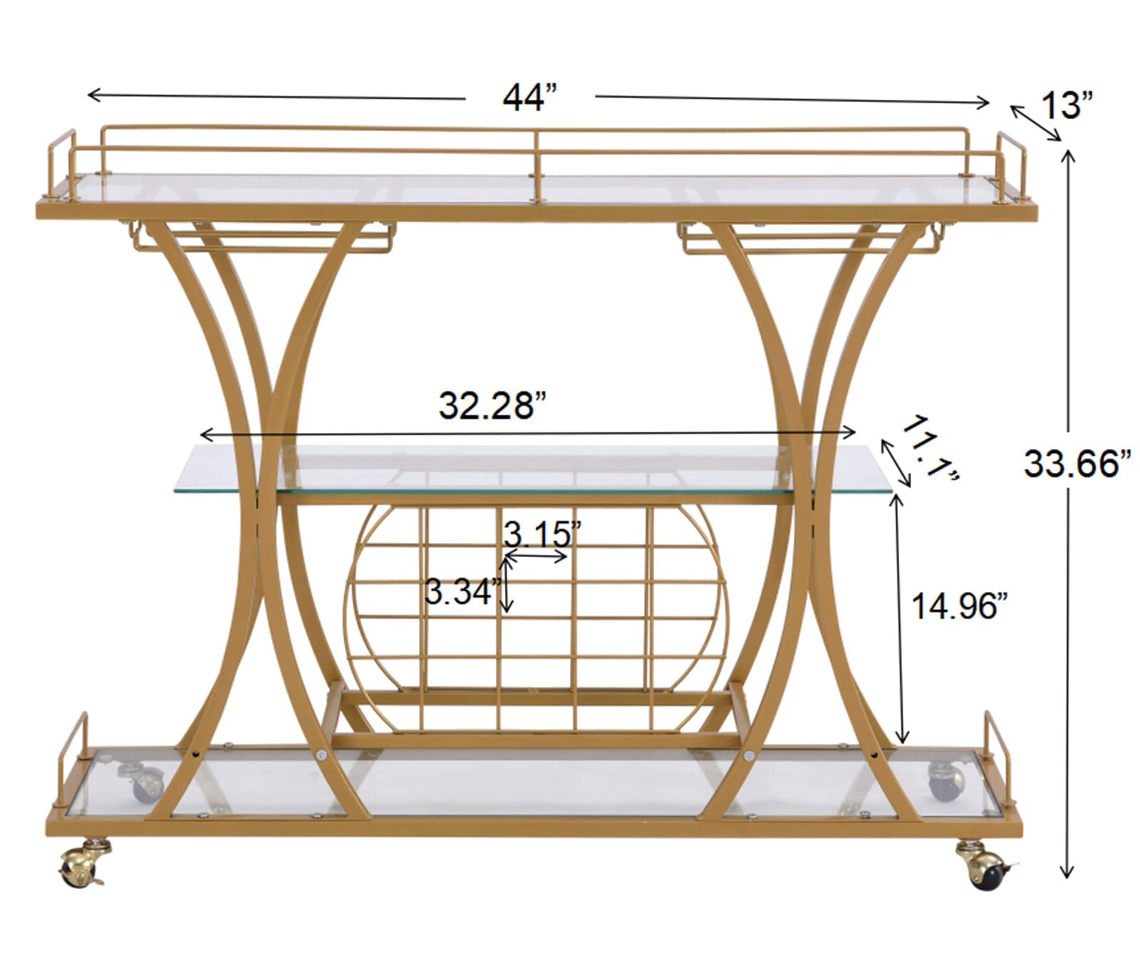 3-Tier Rolling Bar Cart with Glass Shelves