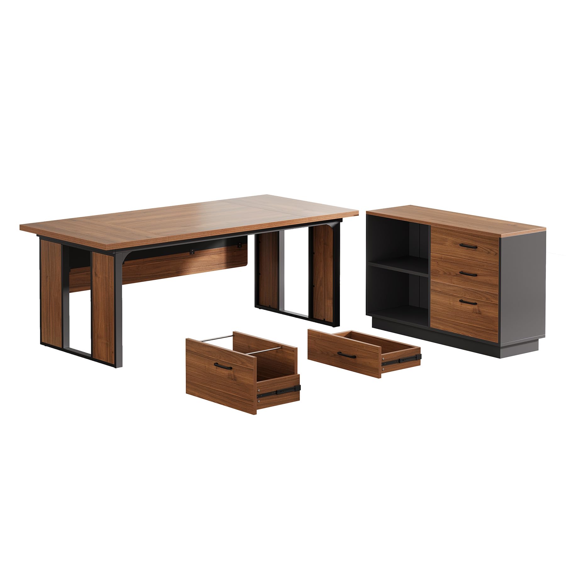 L-Shaped Executive Desk with 3-Drawer Filing Cabinet