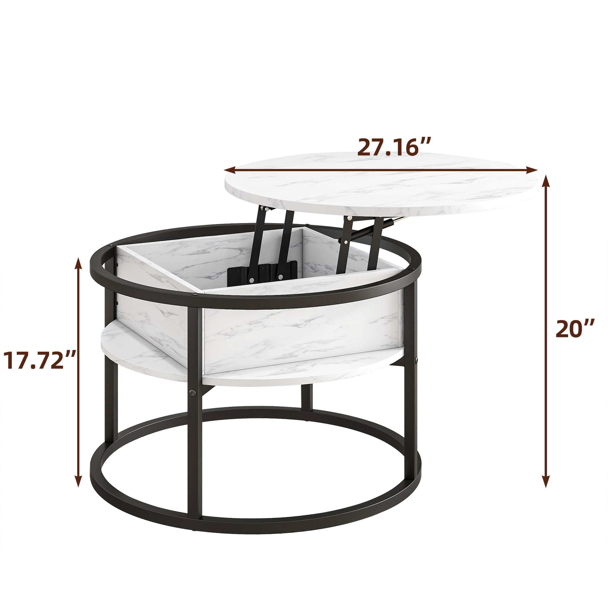 HOJINLINERO Round Coffee Table with Storage, Lift Top Coffee Table with Hidden Compartment, Farmhouse Juxing Design for Living Room, 2-Tier Small Round Dining Center, White