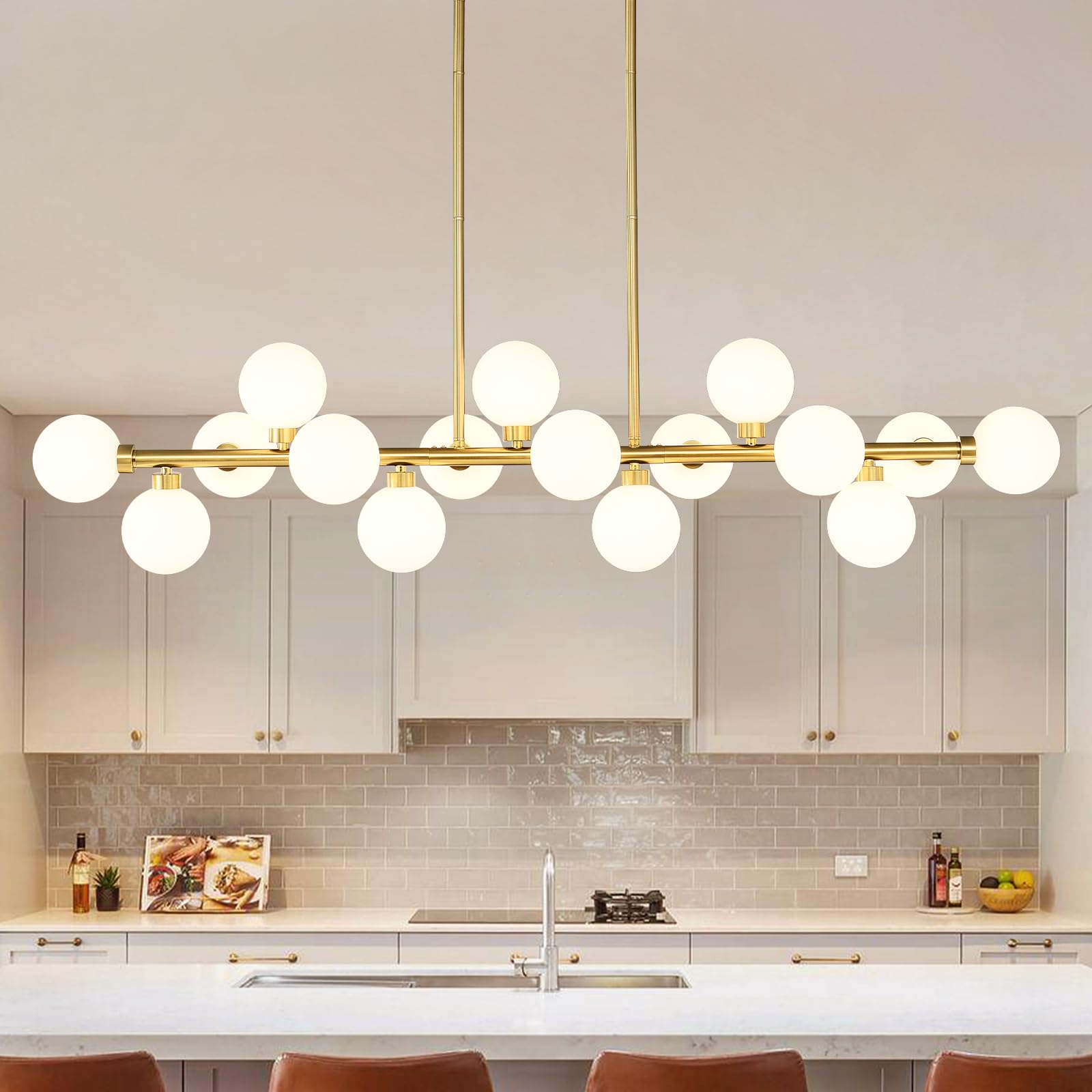 EGM 55" L Gold Linear Chandelier, 16-Light Bubble Chandeliers for Dining Room Foyer, Modern Sputnik Light Fixture with Milk White Glass Lampshades, Extra Large Kitchen Island Chandeliers Over Table