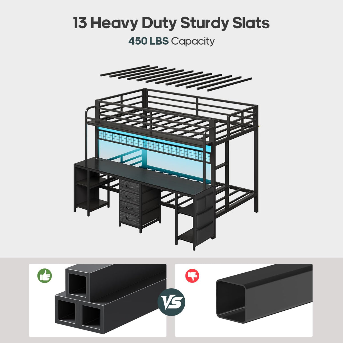 Twin Bunk Bed with Desk & LED Lights