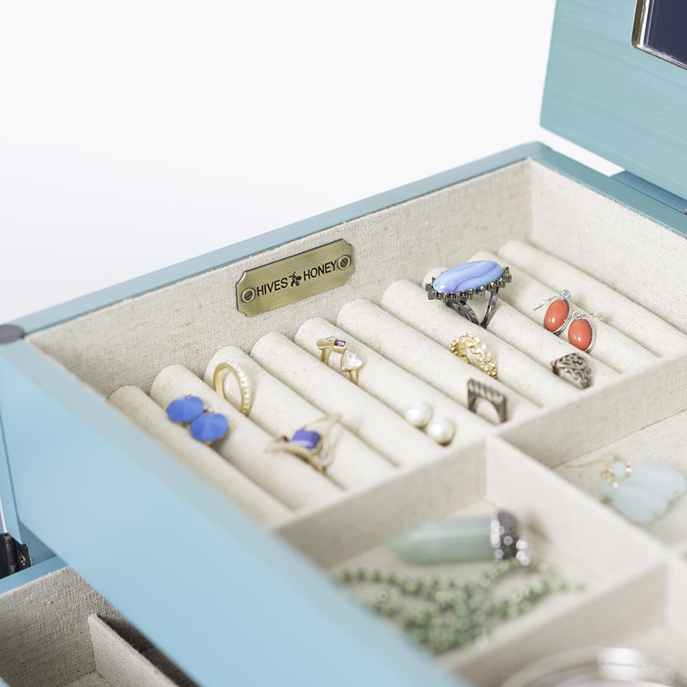 Standing Jewelry Armoire with Mirror & 7 Drawers – Turquoise