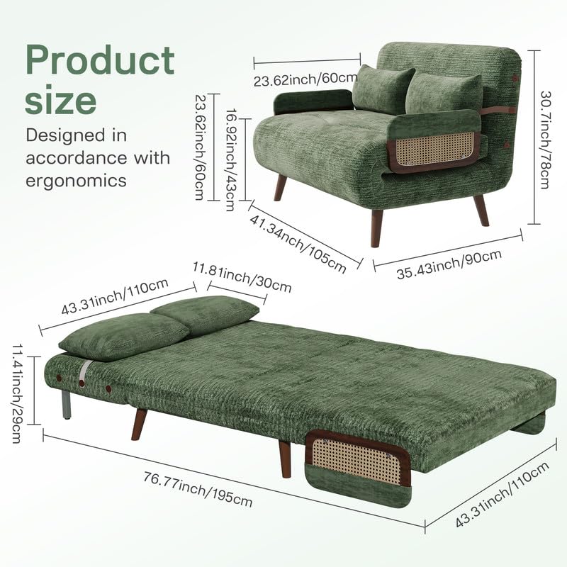 3 in 1 Convertible Sleeper Chair Bed, Folding Sofa Bed for Adults, Green