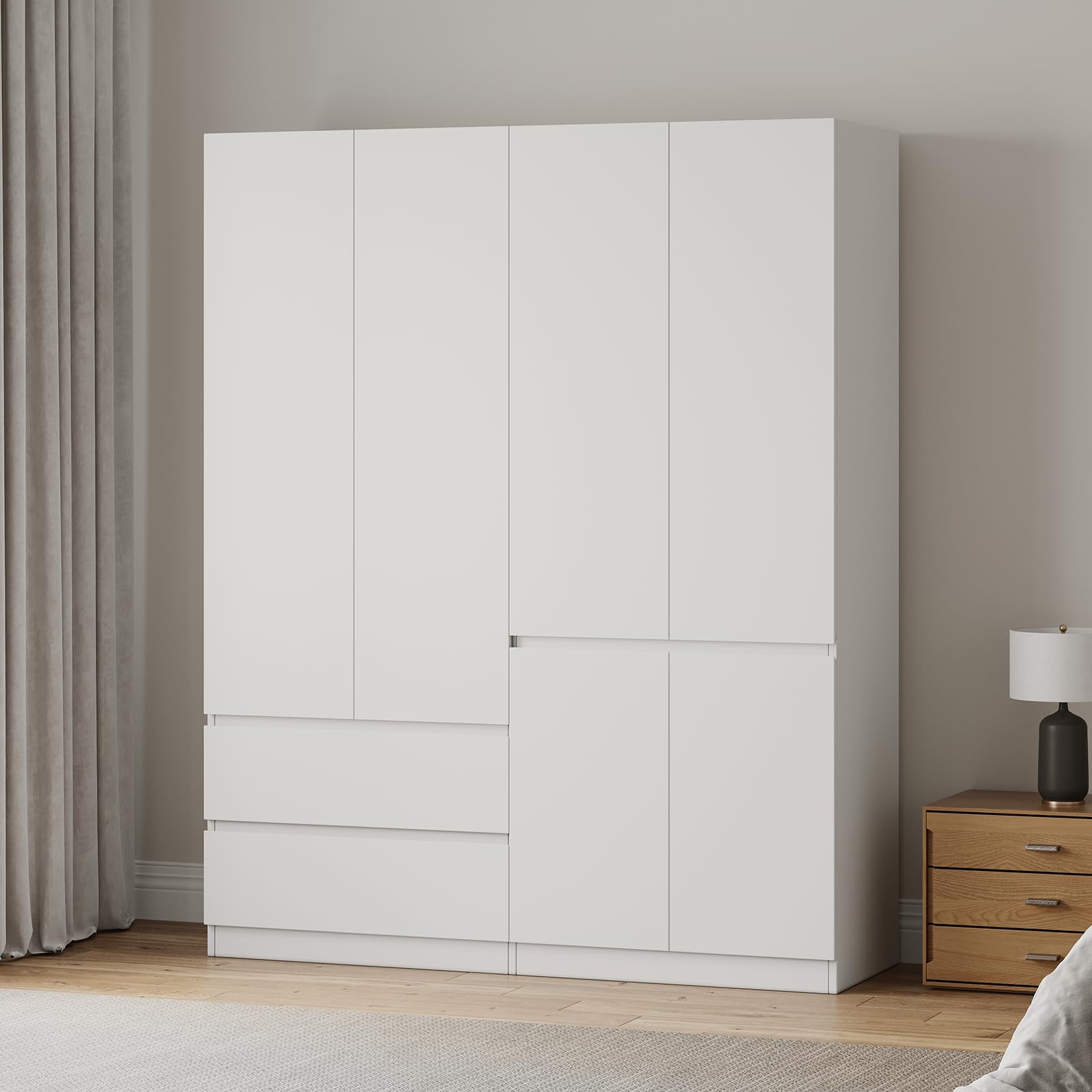 4-Door Wardrobe Armoire with Drawers & Hanging Rod