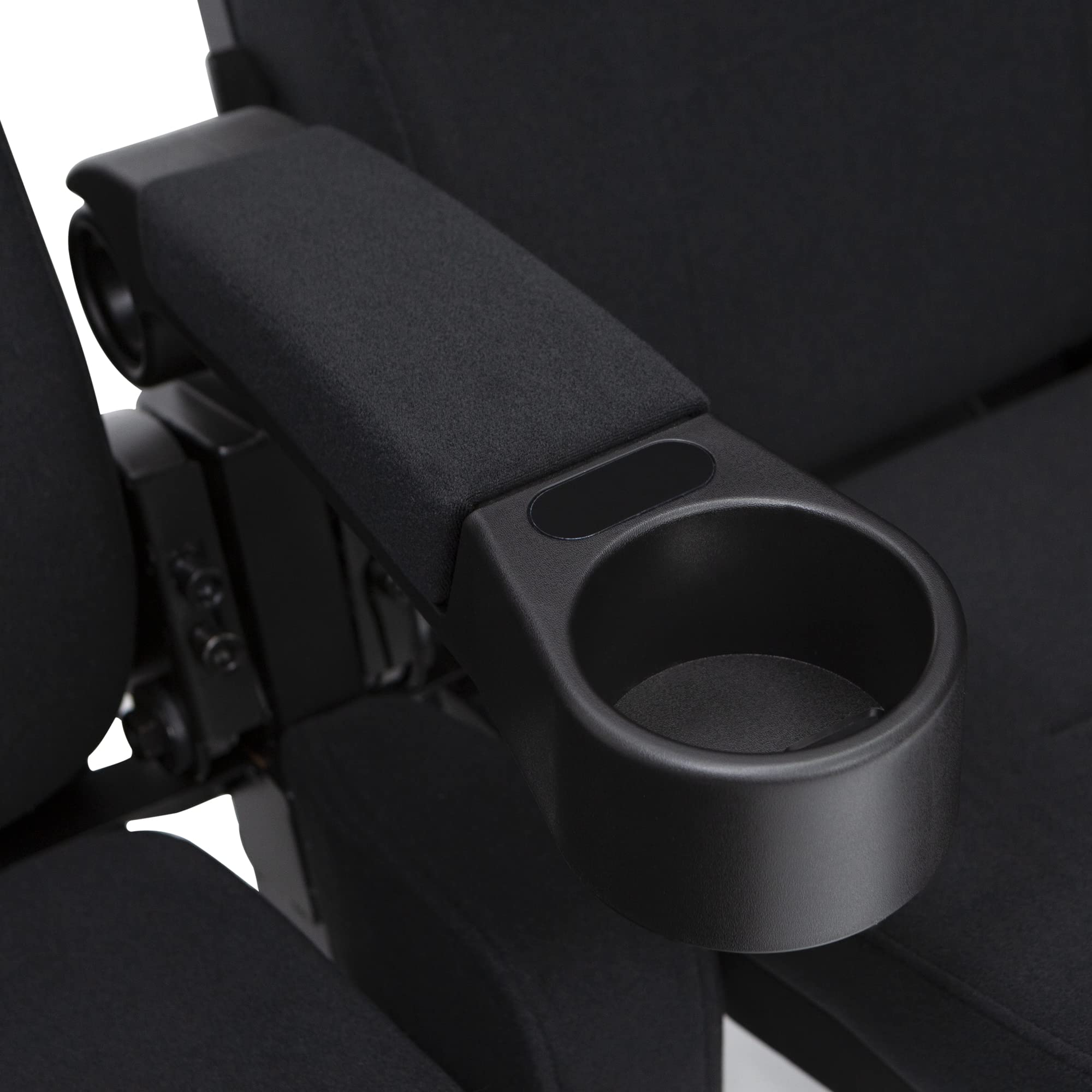 Seatcraft Zenith Movie Theater Seating, Fabric, No-Drill Free-Standing Base, Rocker Recliner, Flip-Up Armrests w/Cupholders, Gravity Lift Seat Surface, Row of 4, Black