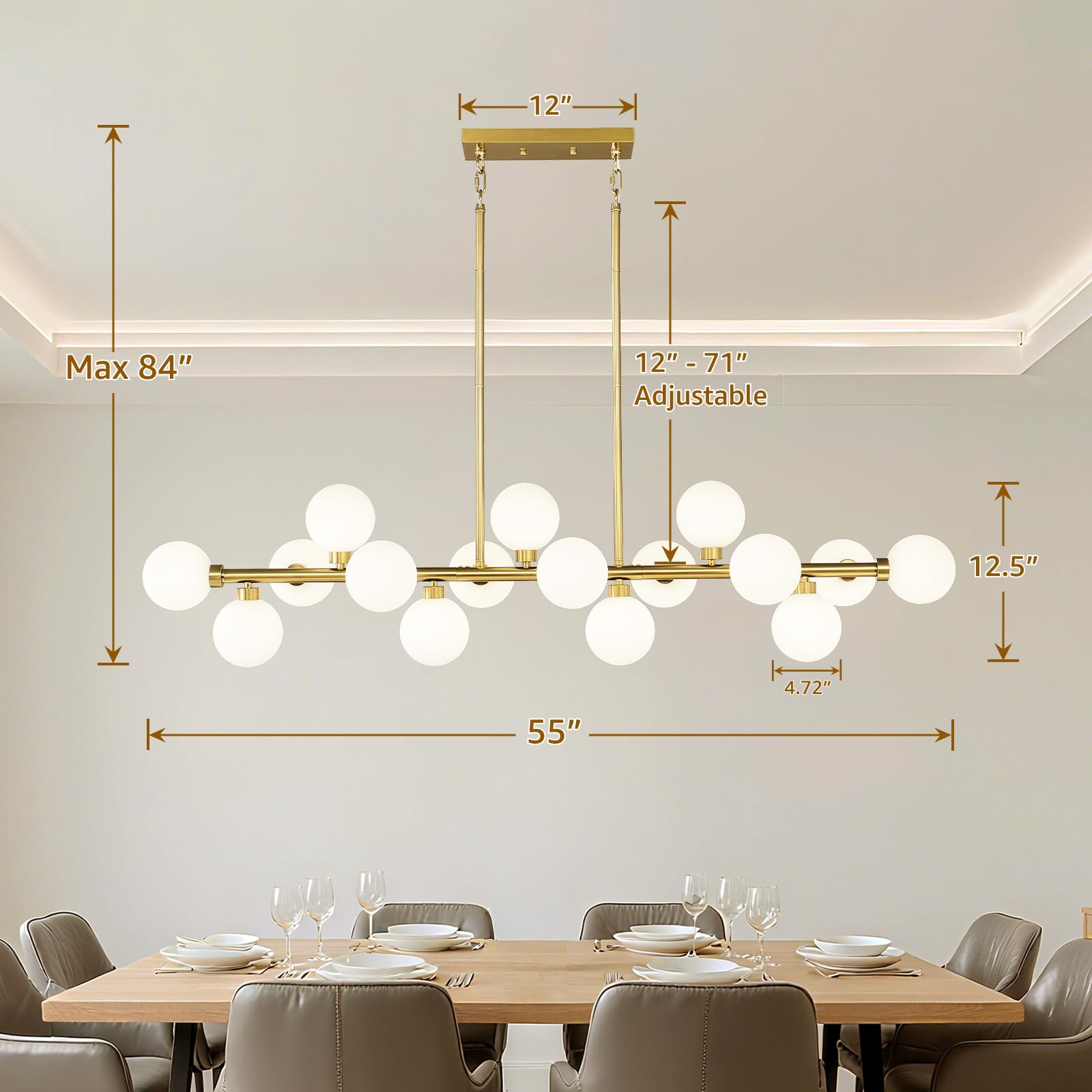 EGM 55" L Gold Linear Chandelier, 16-Light Bubble Chandeliers for Dining Room Foyer, Modern Sputnik Light Fixture with Milk White Glass Lampshades, Extra Large Kitchen Island Chandeliers Over Table
