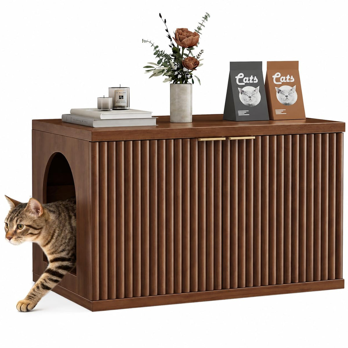 Homhedy Cat Litter Box Enclosure,Modern Fluted Accent,Reddish Brown