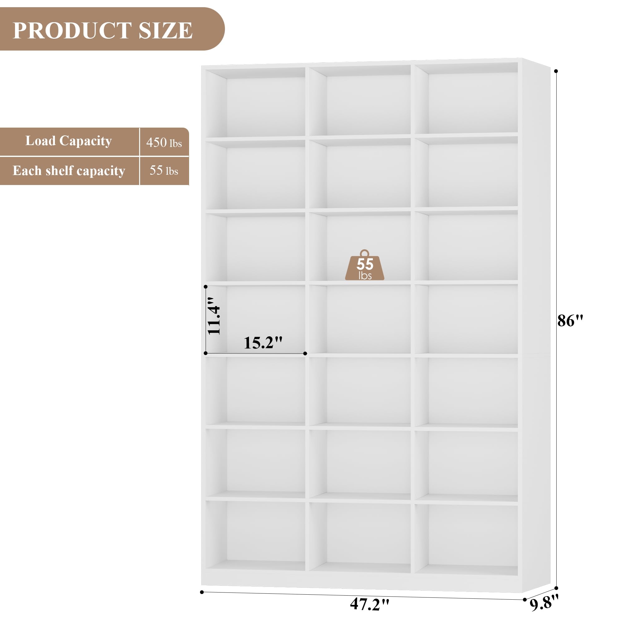 HOSTACK 86" H Triple Wide Bookshelf and Bookcase, 7 Tier Tall Bookshelf with Storage, Large Bookcase with 21 Open Display Storage Shelves, Wood Book Shelf Media CD DVD Storage for Living Room, White