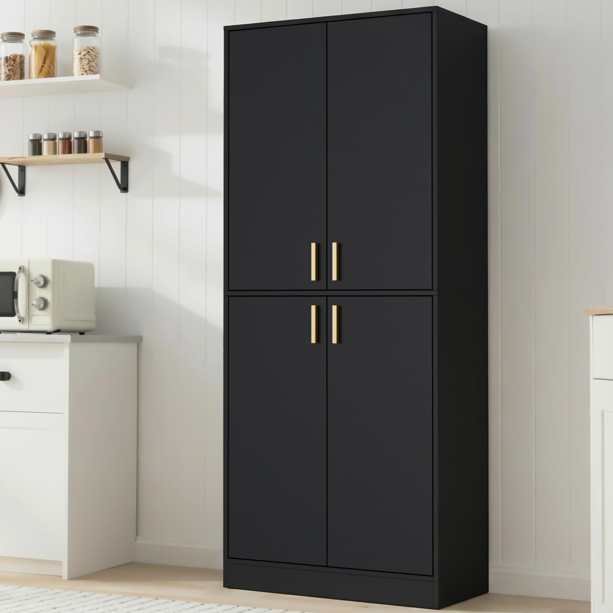 Cozy Castle Kitchen Pantry Cabinet, 71" Tall Wood Storage Cabinet with Doors and Shelves 4 Doors Freestanding Cupboard for Dining Room Living Room Furniture, Black