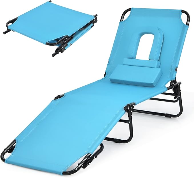 Folding Beach Lounge Chair with 5-Position Adjustable Backrest & Padded Pillows