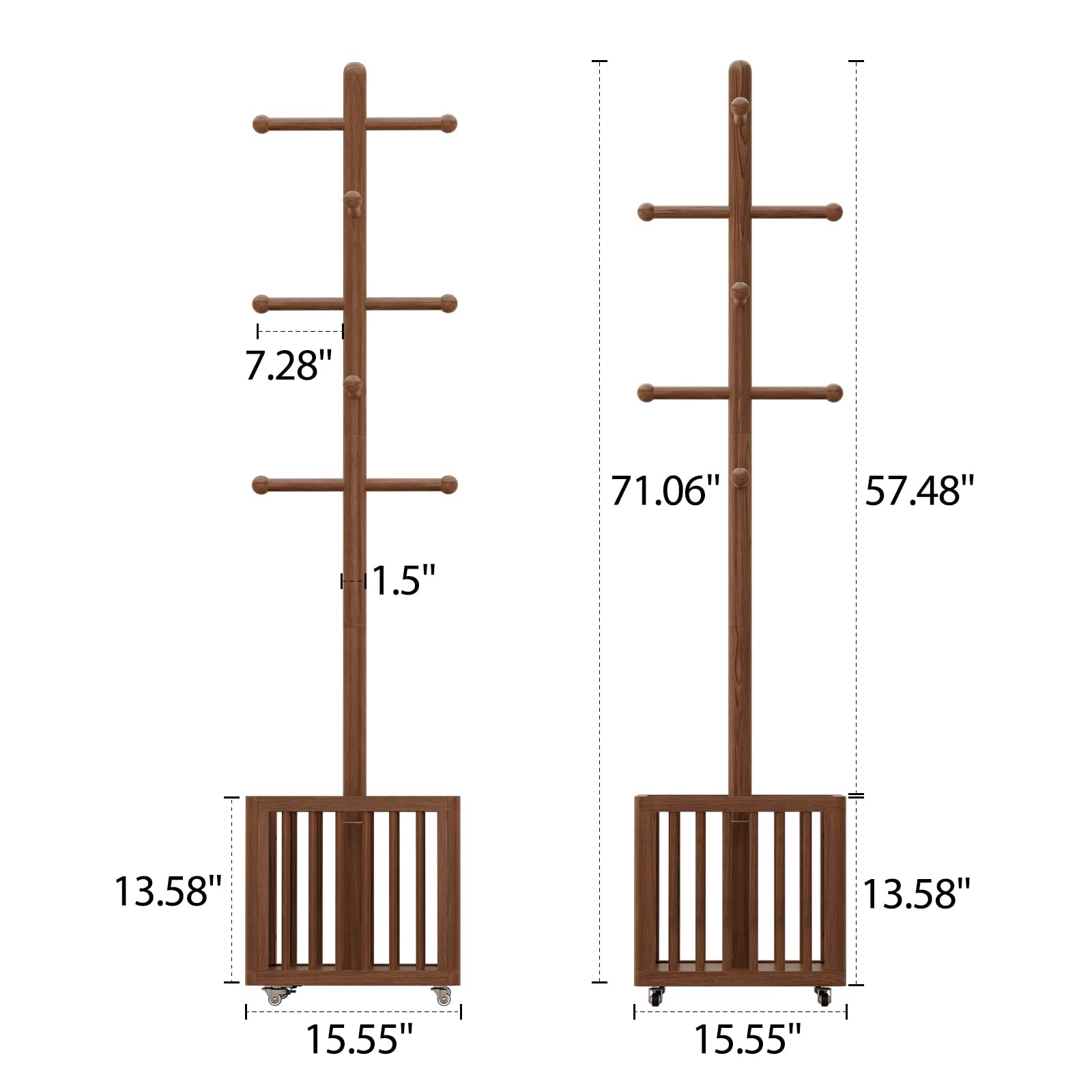 Wood Tree Coat Rack with 10 Hooks & Rolling Wheels