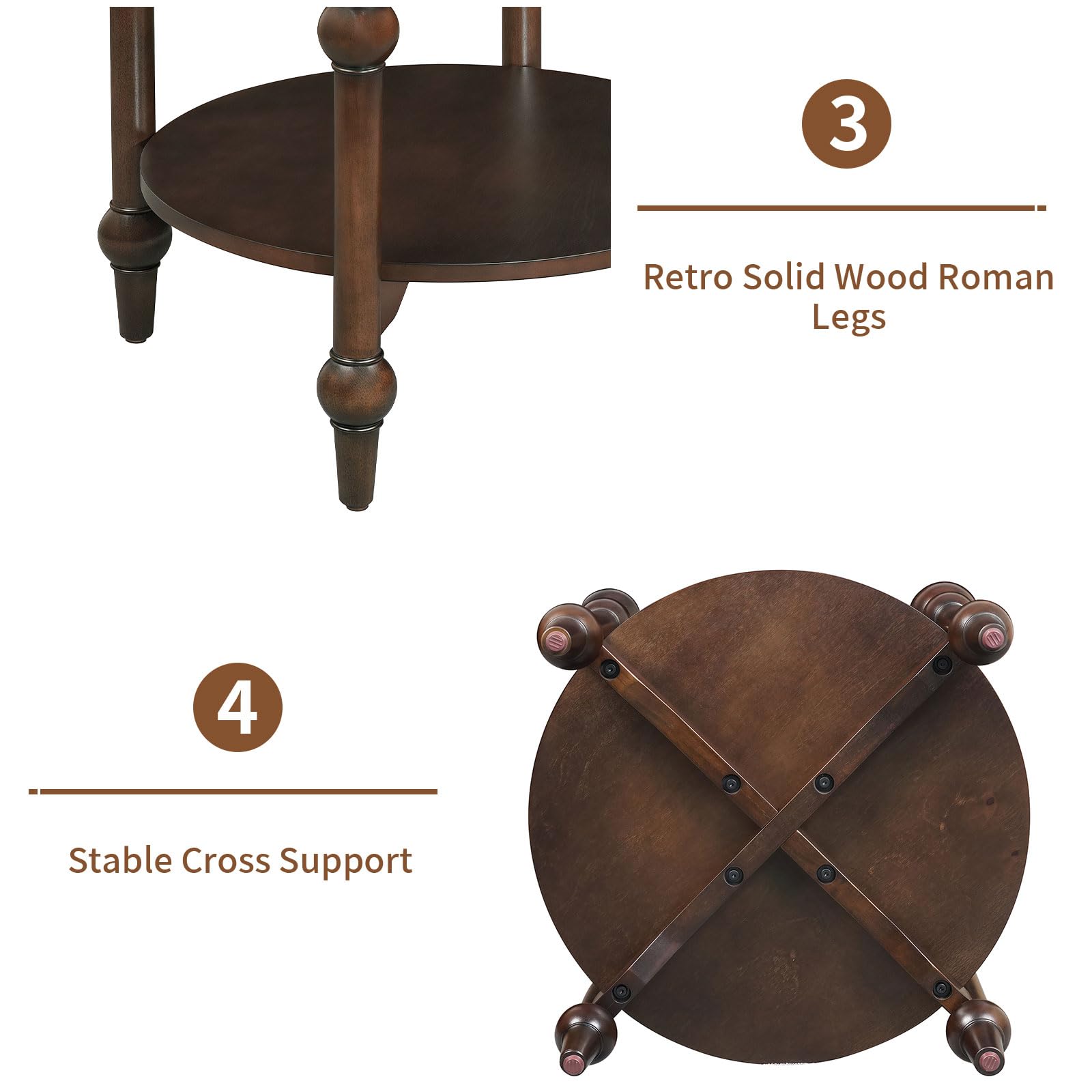 LKTART Nesting End Table for Living Room,Round Solid Wood Frame Nest Side Tables with Storage,Retro Accent Center Table for Small Space Apartment (25''D×24''H-Dark Brown)