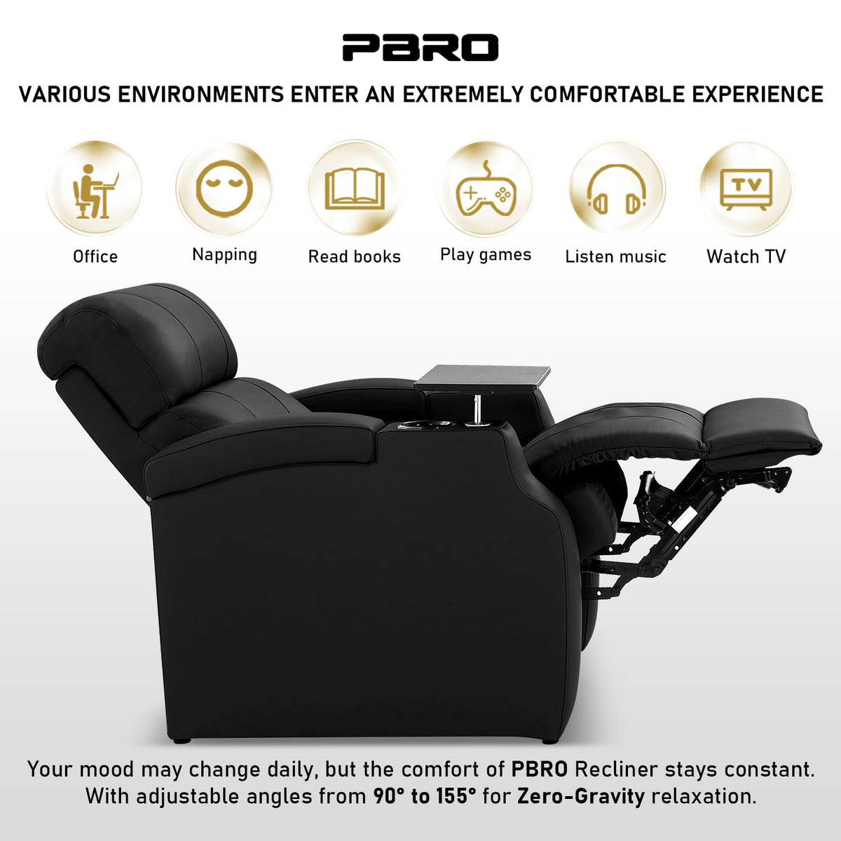 PBRO Home Theater Seating Top Grain Leather Theater Recliner Sofa Zero Gravity Movie Theater Reclining Chairs for Living Room with Power Headrest, USB Charge, Ambient Lighting Black, 1-Seat
