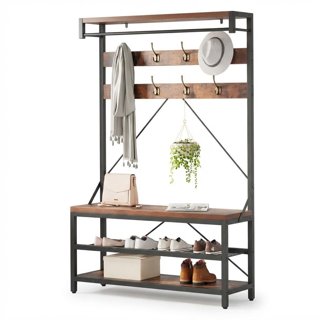 Hall Tree with Shoe Storage Bench, 100cm Entryway Coat Rack, Metal Frame Hallway Bench with Clothes Organizer, Multifunctional Shoe Rack Bench for Hallway, Sturdy Particleboard Seating for Entryway