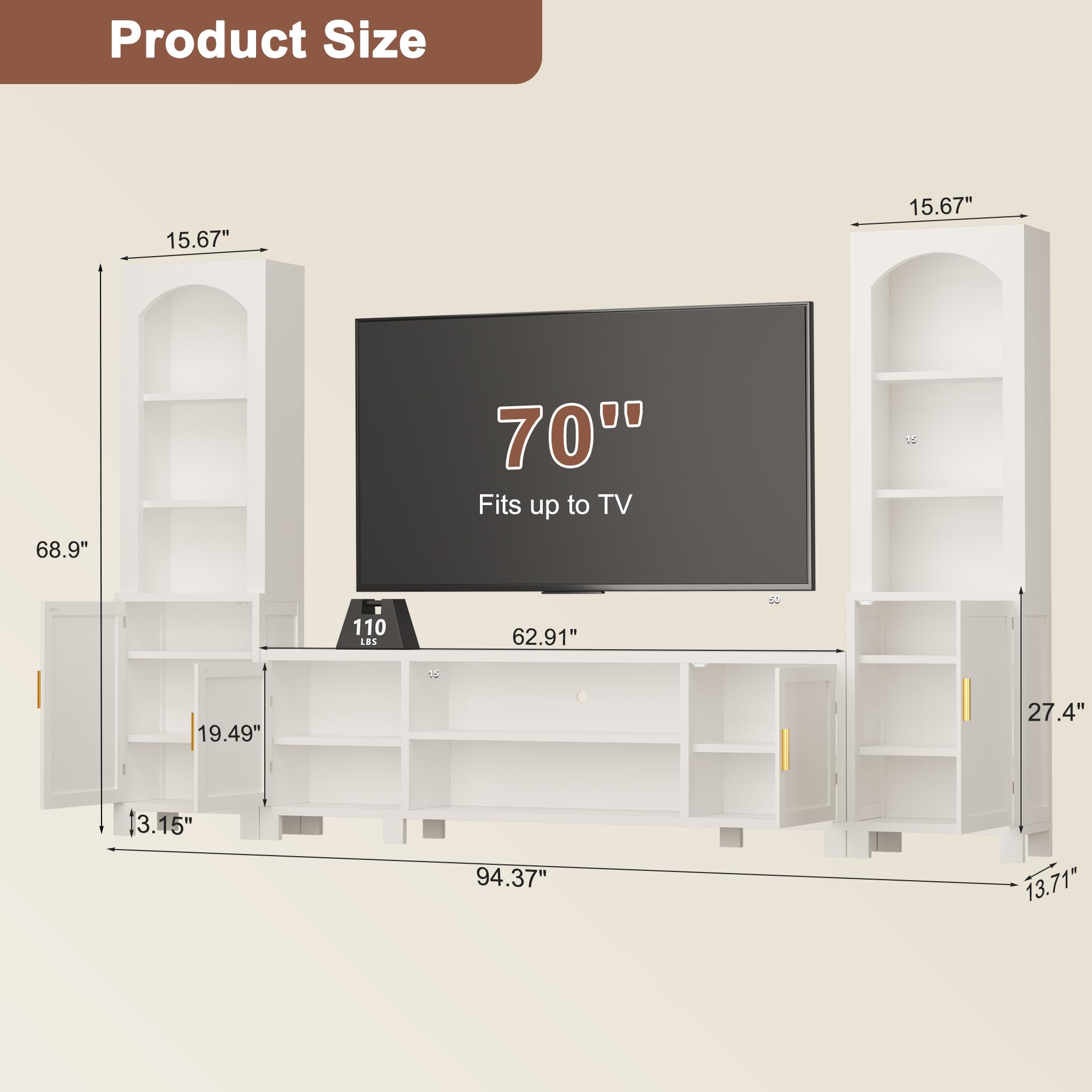 AwayHome 3-Piece Entertainment Center with Bookshelves for TVs up to 70", 94" W Large Wall Unit TV Stand with Power Outlets & Storage Cabinets, Modern White Media Console for Living Room, Bedroom