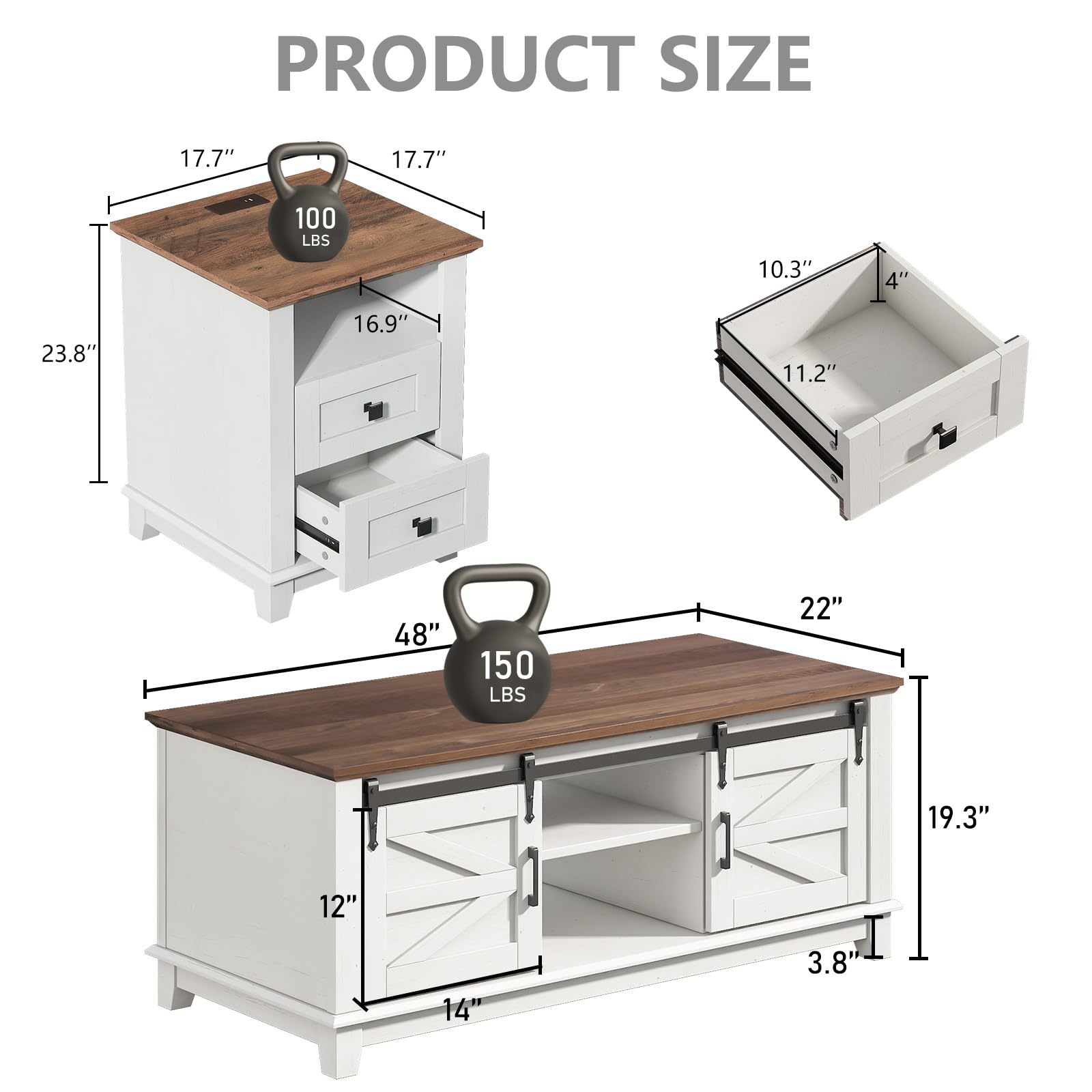 LUXOAK Farmhouse Table Set of 3, Coffee Table with Sliding Barn Doors, End Tables Set of 2 with Charging Station for Living Room & Bedroom, Sliding Barn Doors, 2 Tiers Storage Drawer, Antique White