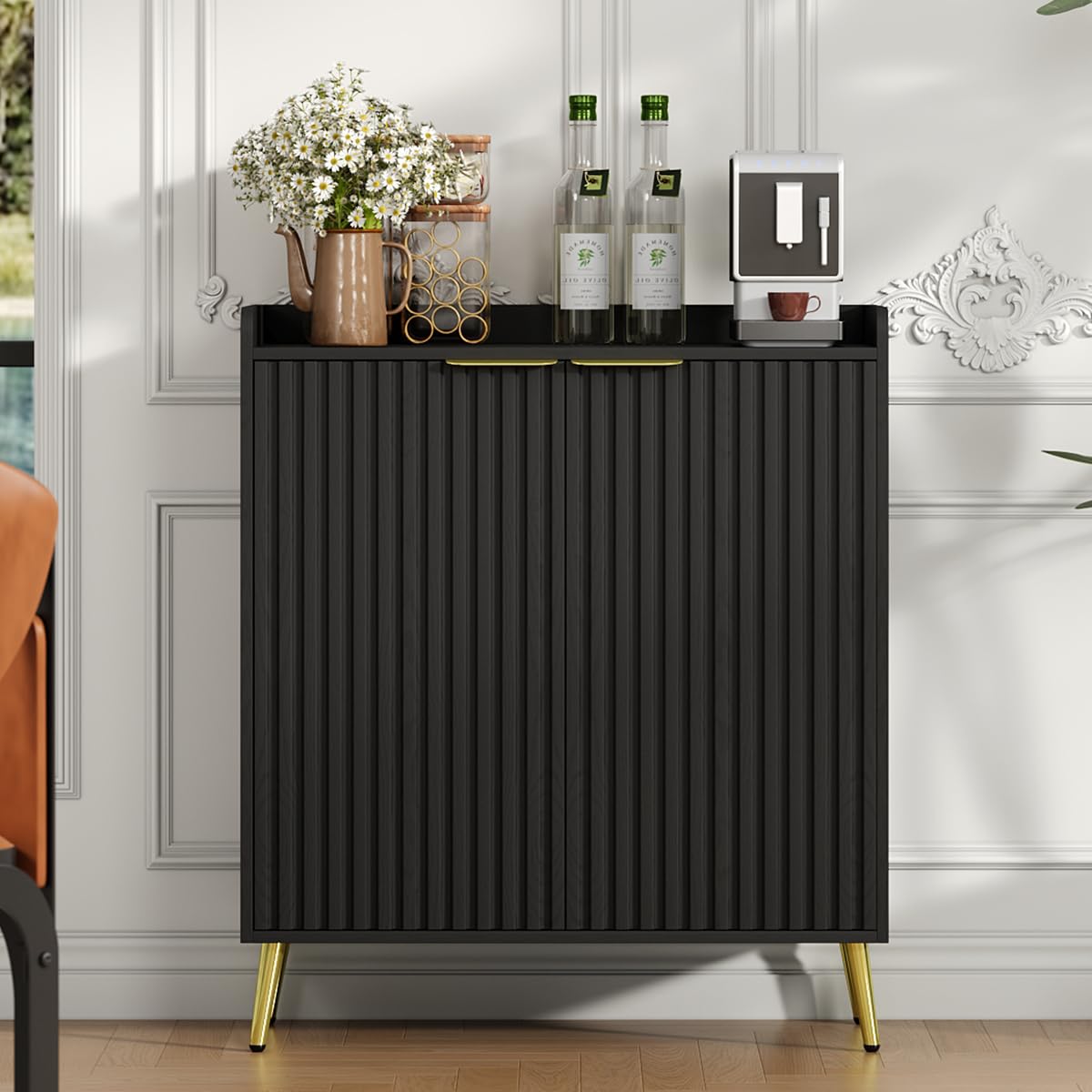 Black Fluted Wine Bar Cabinet