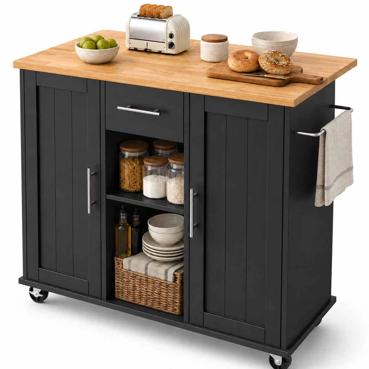 JY QAQA 42" Kitchen Island with Storage on Wheels, Rolling Table with Drop Leaf, Drawers, Cart Handle for Towel Rack or Free Movement, Black