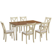 Farmhouse Solid Wood Dining Table Set with 6 Upholstered Chairs