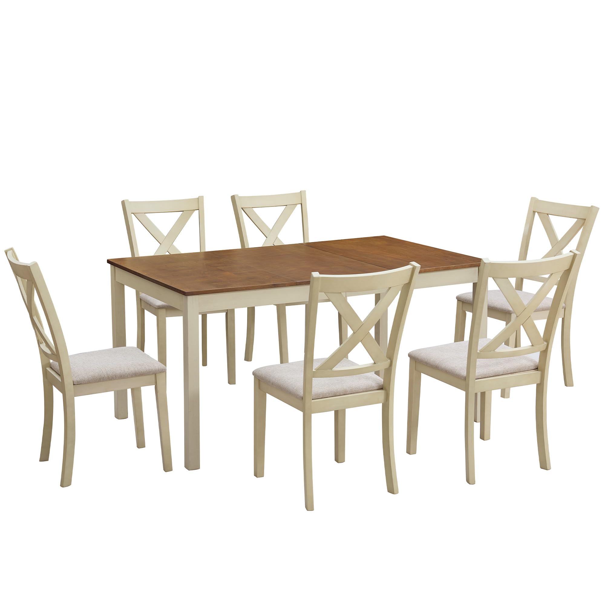 Farmhouse Solid Wood Dining Table Set with 6 Upholstered Chairs