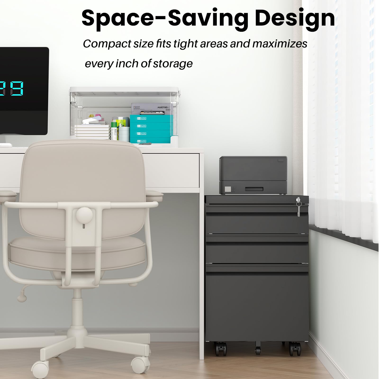 3-Drawer Mobile Metal File Cabinet with Lock