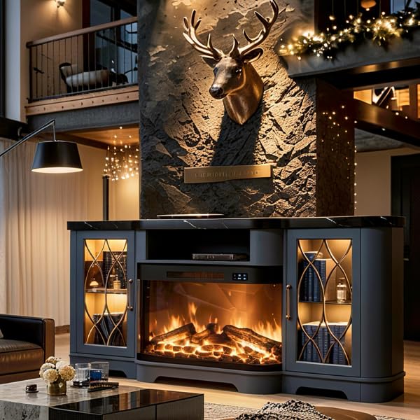 RNLRNL 70" TV Stand with 30" Curved Electric Fireplace, Blue/Black