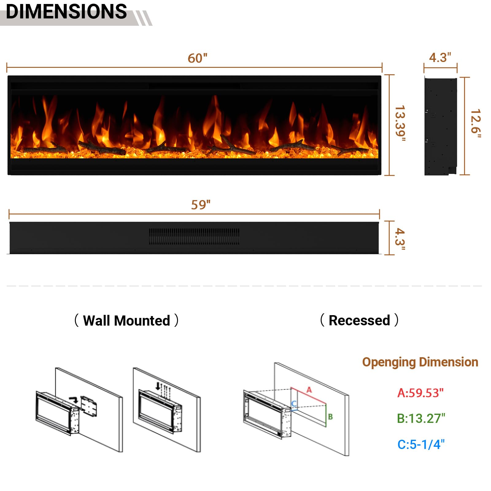 Electric Fireplace Insert – Ultra-Thin Wall Mounted & Recessed