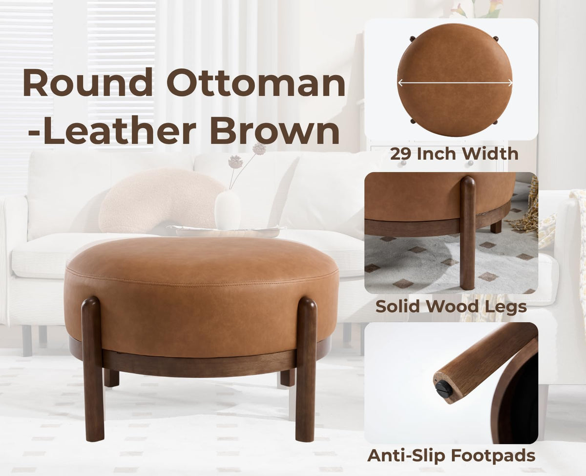 Round Faux Leather Ottoman