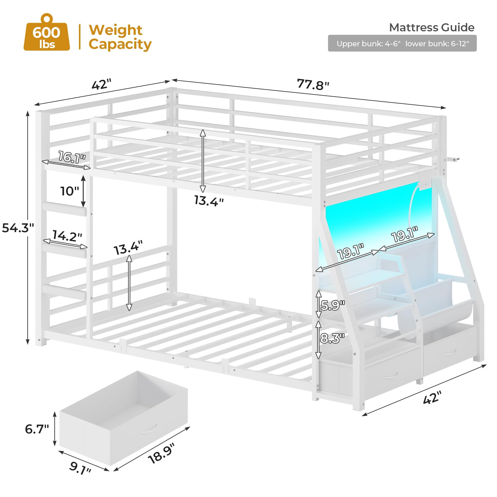 ADORNEVE Low Bunk Bed Twin Over Twin with Sling Bookshelves, Storage Drawers & Power Outlet, LED Metal Floor Bunk with Full-Length Guardrail & Metal Slats, No Box Spring Needed, for Kids, White