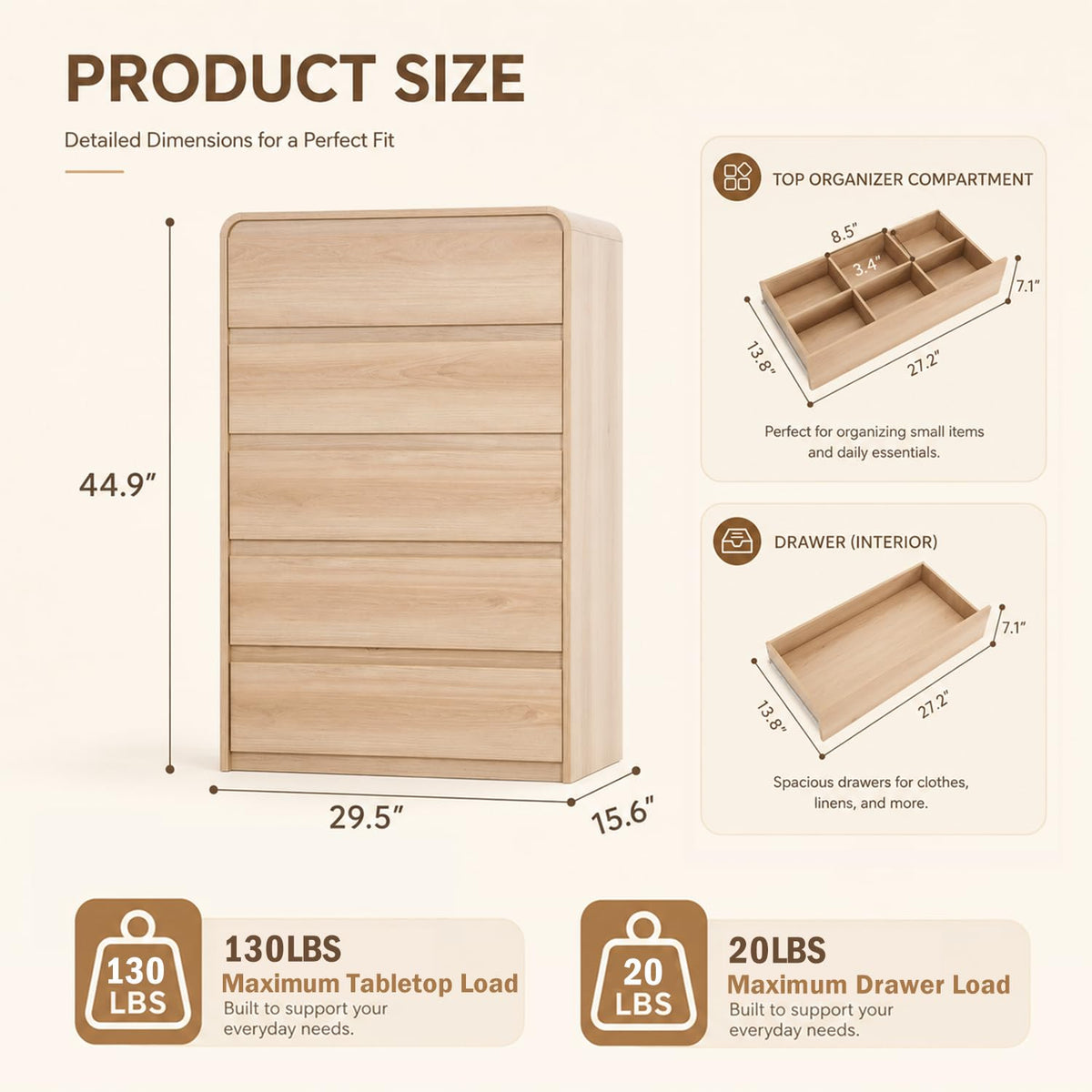 Madaha 5 Drawer Dresser for Bedroom,Curved Edge Design Modern Dressers & Chest of Drawers, Nursery Dresser Natural Oak
