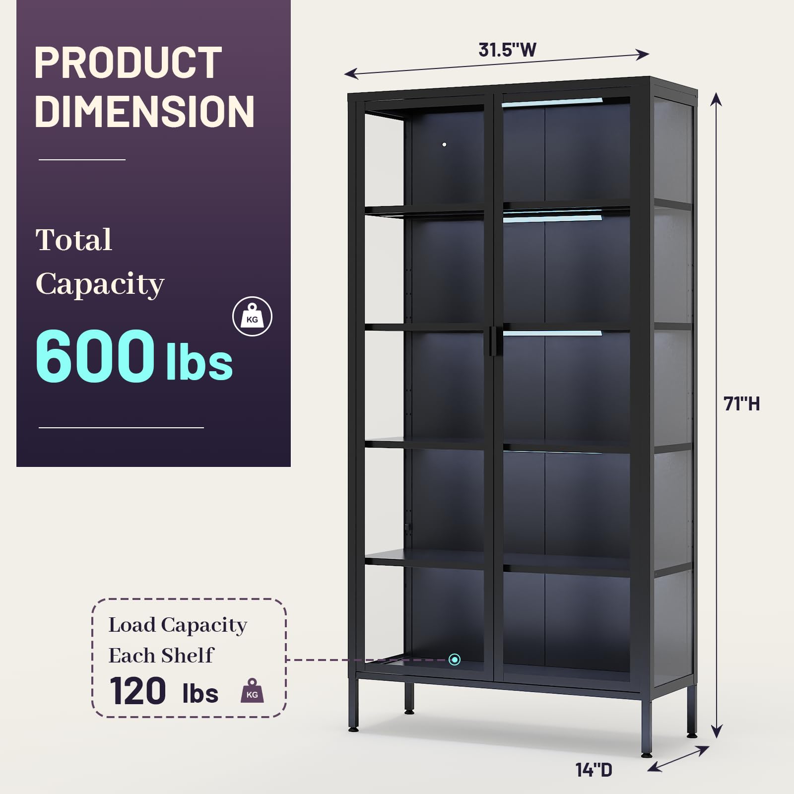 Glass Display Cabinet with LED Sensor Lights & Adjustable Shelves
