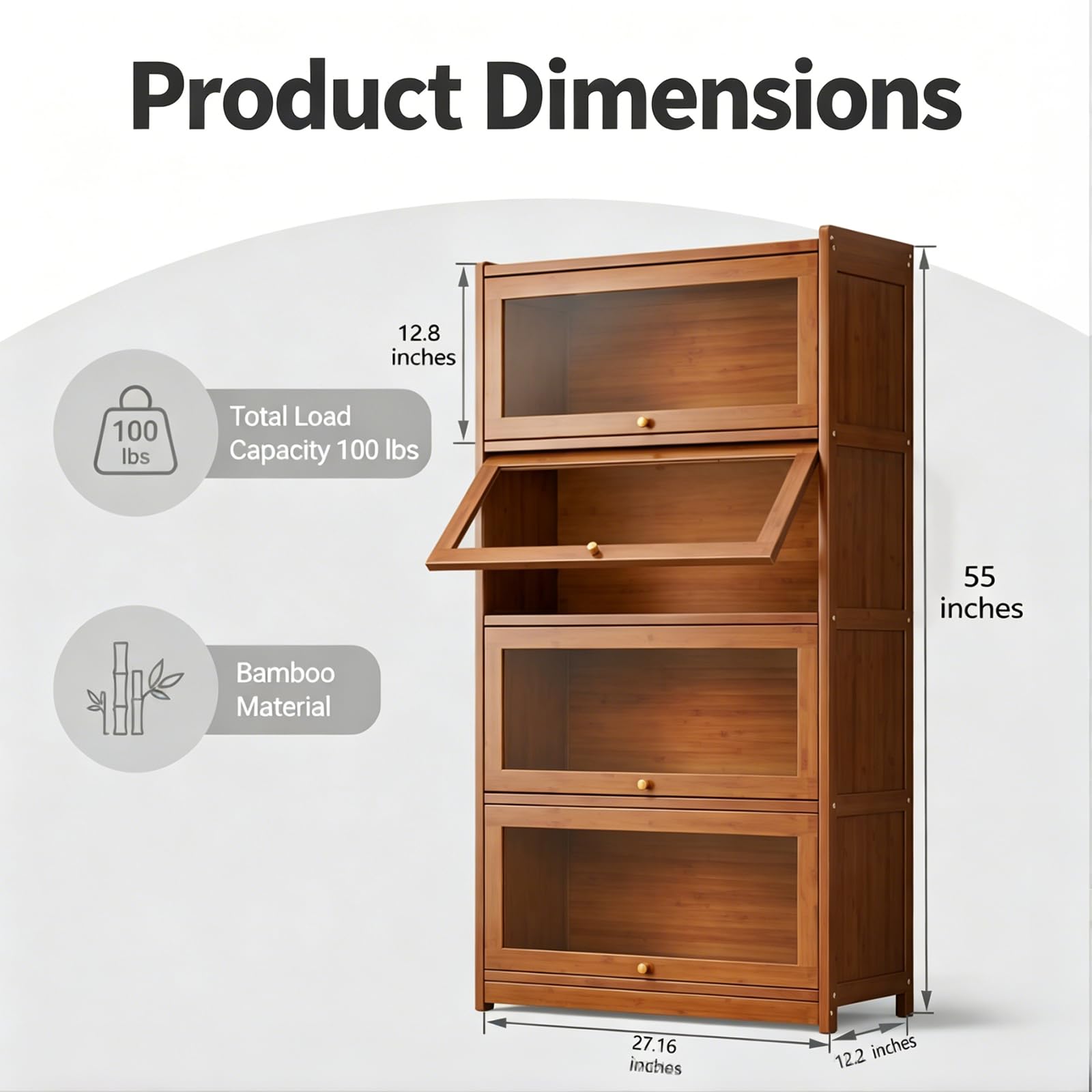 55" Bamboo Bookcases,Book Shelfs with Acrylic Doors,Freestanding Display Storage Shelves for Collectibles,4 Tier Tall Bookshelfs & Bookcases for Living Room Bedroom Home Office