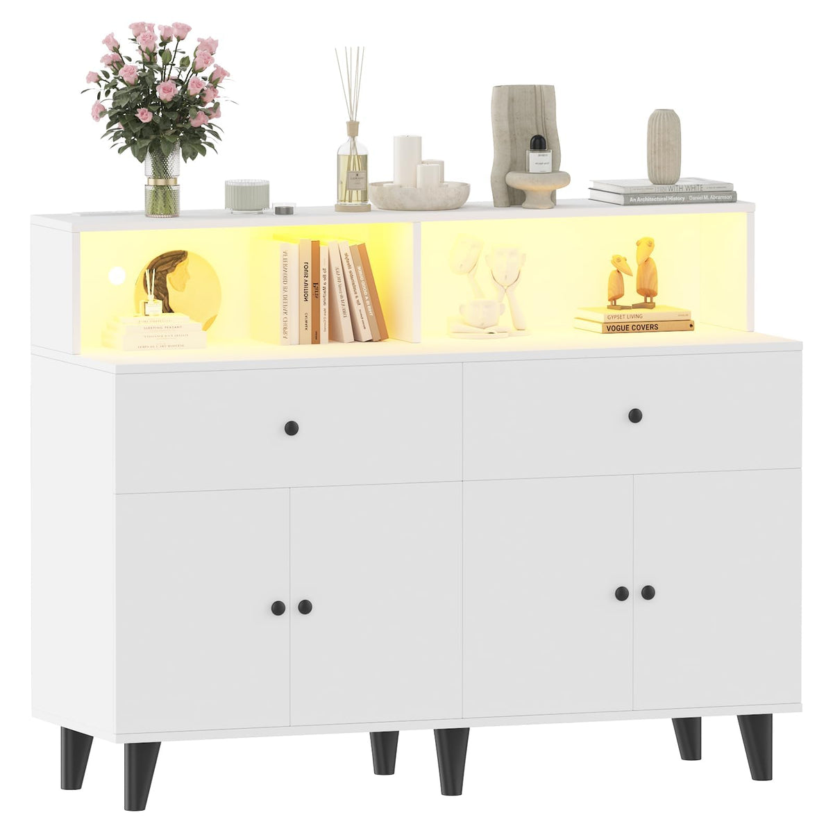 47" Sideboard Buffet Cabinet with LED Light & Power Station, White
