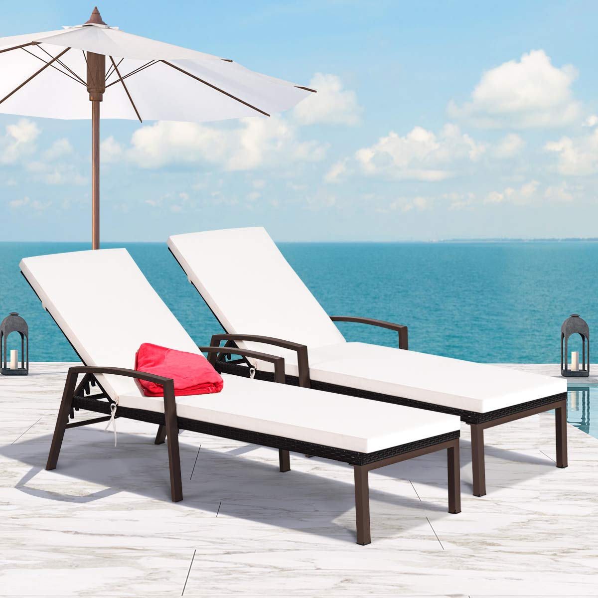 COSTWAY Rattan Lounge Chair Outdoor, Patio Wicker Chaise Lounge (White)