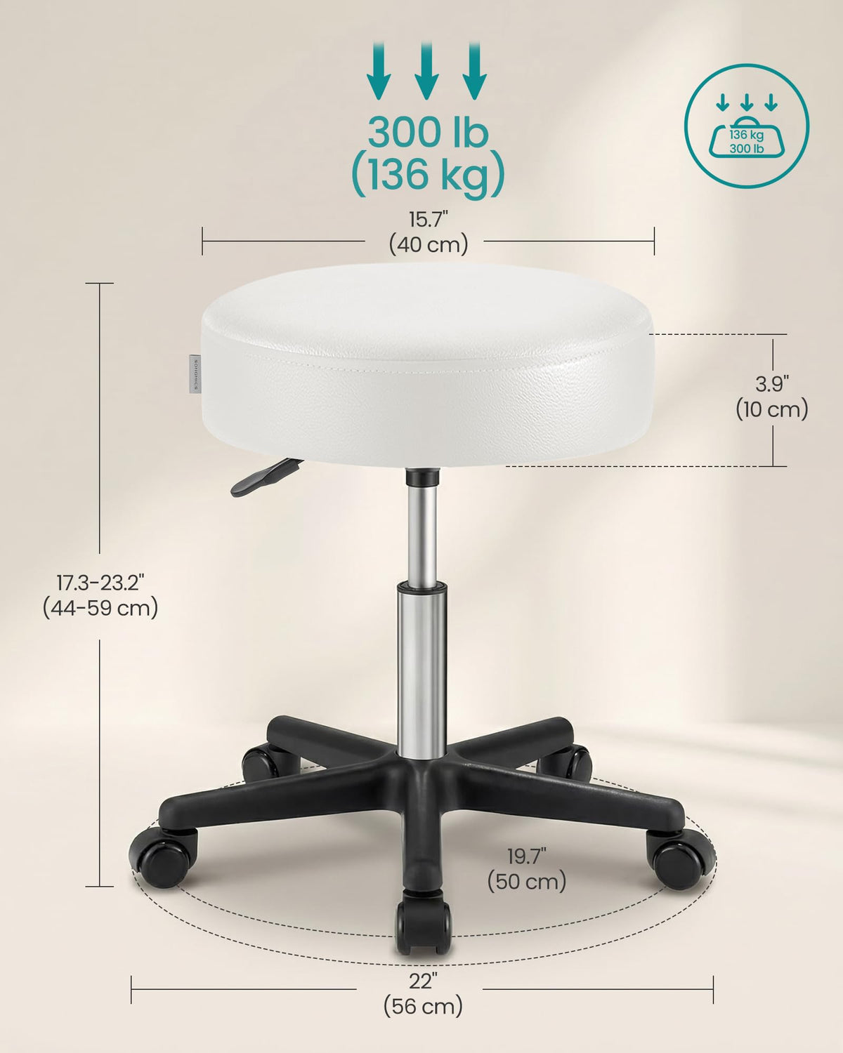 SONGMICS Round Rolling Stool with Wheels, 300LBS Swivel Stools Chair