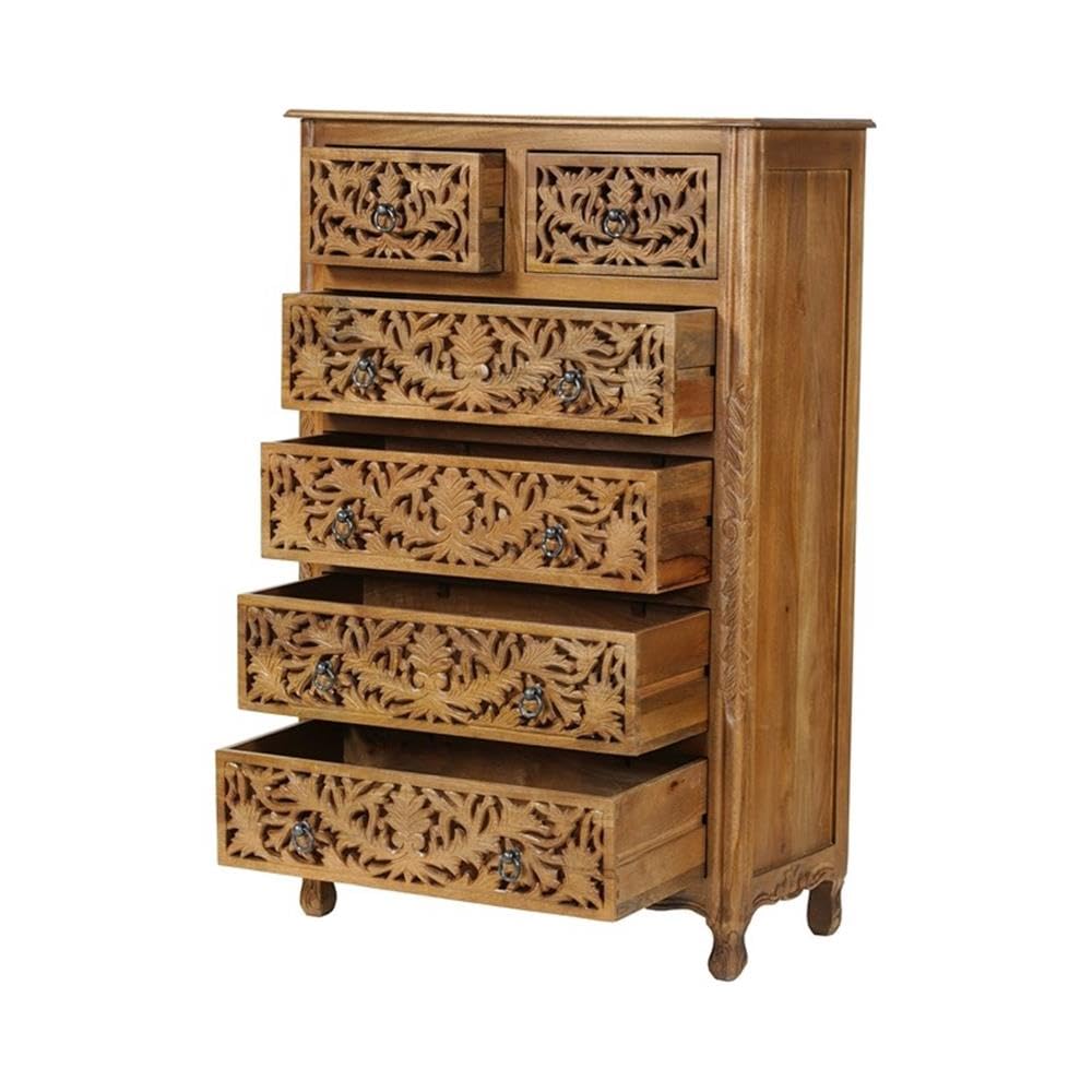 Pemberly Row Solid Mango Wood 6-Drawer Tall Chest, 54 Inch, Brown Finish, Floral Carved Accents, Space-Saving Vertical Design for Bedroom Storage, Fully Assembled