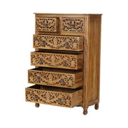 Pemberly Row Solid Mango Wood 6-Drawer Tall Chest, 54 Inch, Brown Finish, Floral Carved Accents, Space-Saving Vertical Design for Bedroom Storage, Fully Assembled