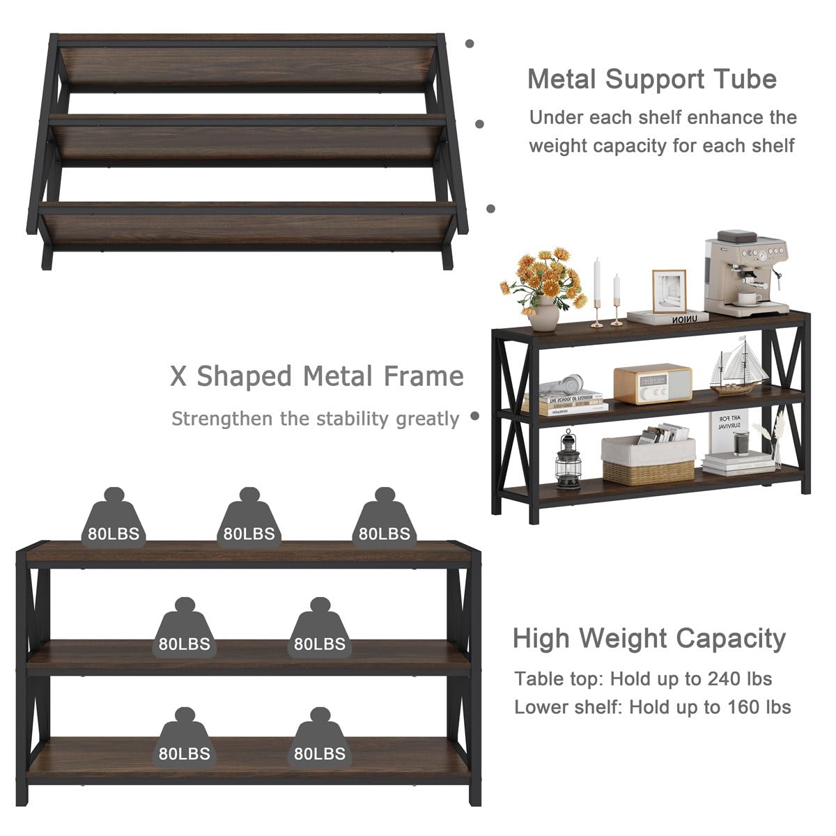 FATORRI Console Table for Entryway, 55 Inch Modern Entry Table with 3 Tier Shelves, Couch Tables Behind Sofa for Living Room, Dark Walnut