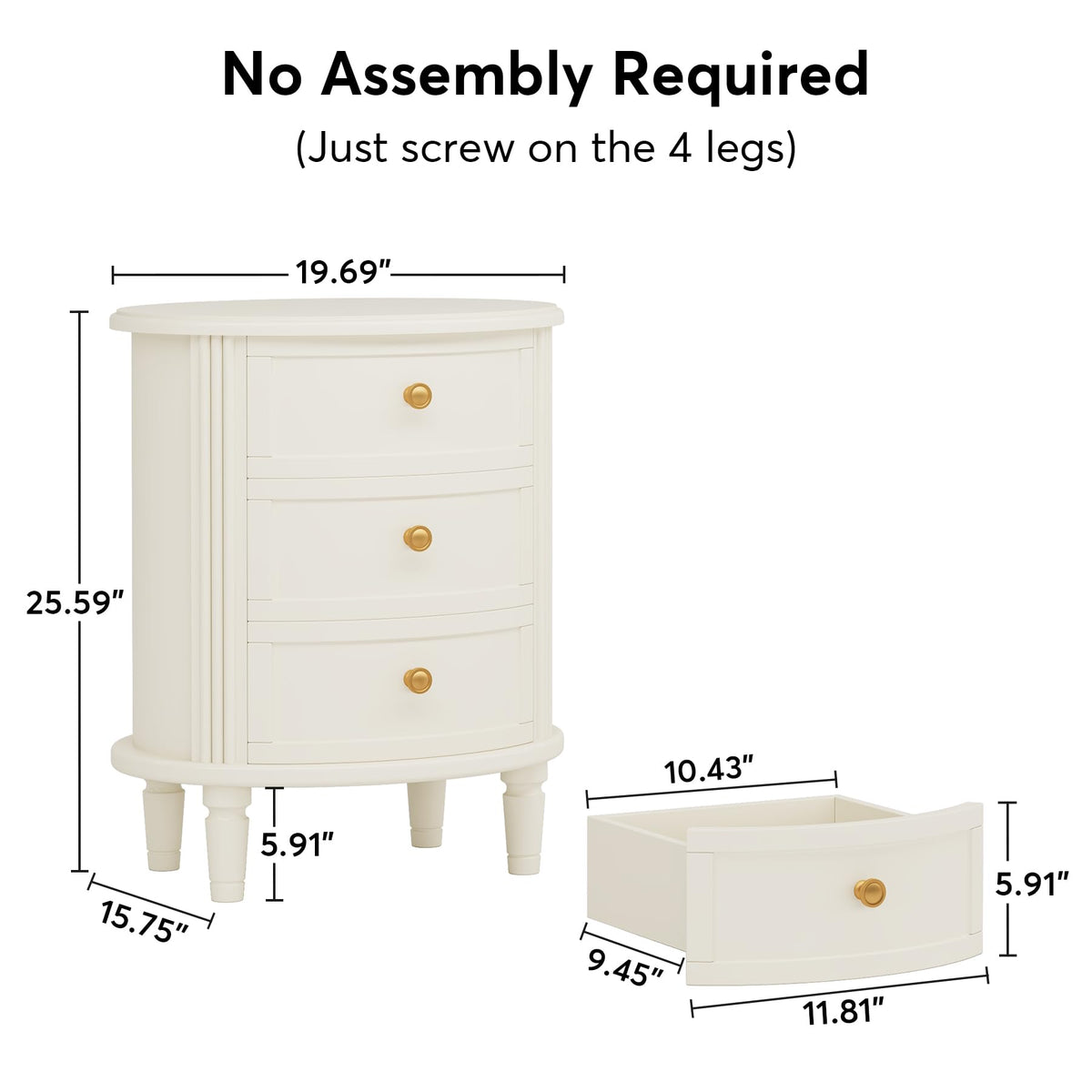 Cream 3-Drawer Nightstand