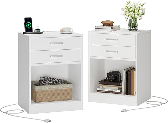 Nightstand Set of 2 with Charging Station & Drawers