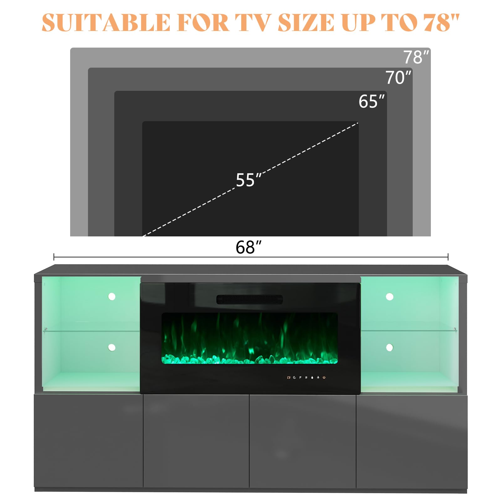 68" Fireplace TV Stand with LED Lights