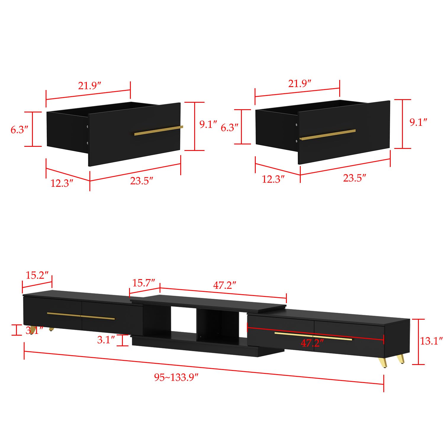 AIEGLE Deformable TV Console in Stretch of 95"-134", Modern Extendable TV Stand with 4 Drawers for TVs up to 120", Wood Media Gaming Entertainment Center Stand, Black