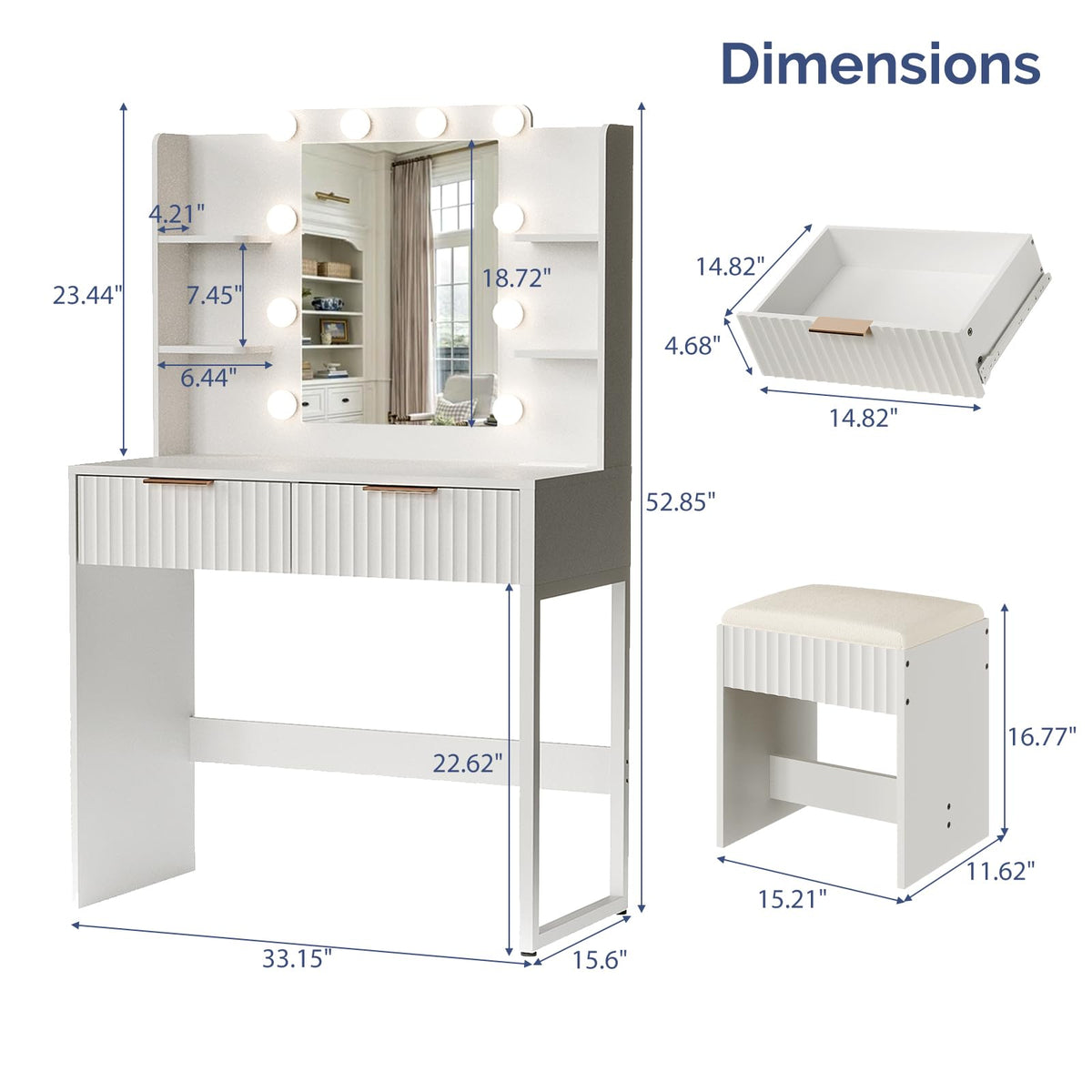VINGLI Fluted Makeup Vanity Desk with Mirror and Lights and Stools, Small Vanity Table with Bench Chair & 2 Drawers & 4 Storage Shelves, White Dressing Table Set for Girls Bedroom