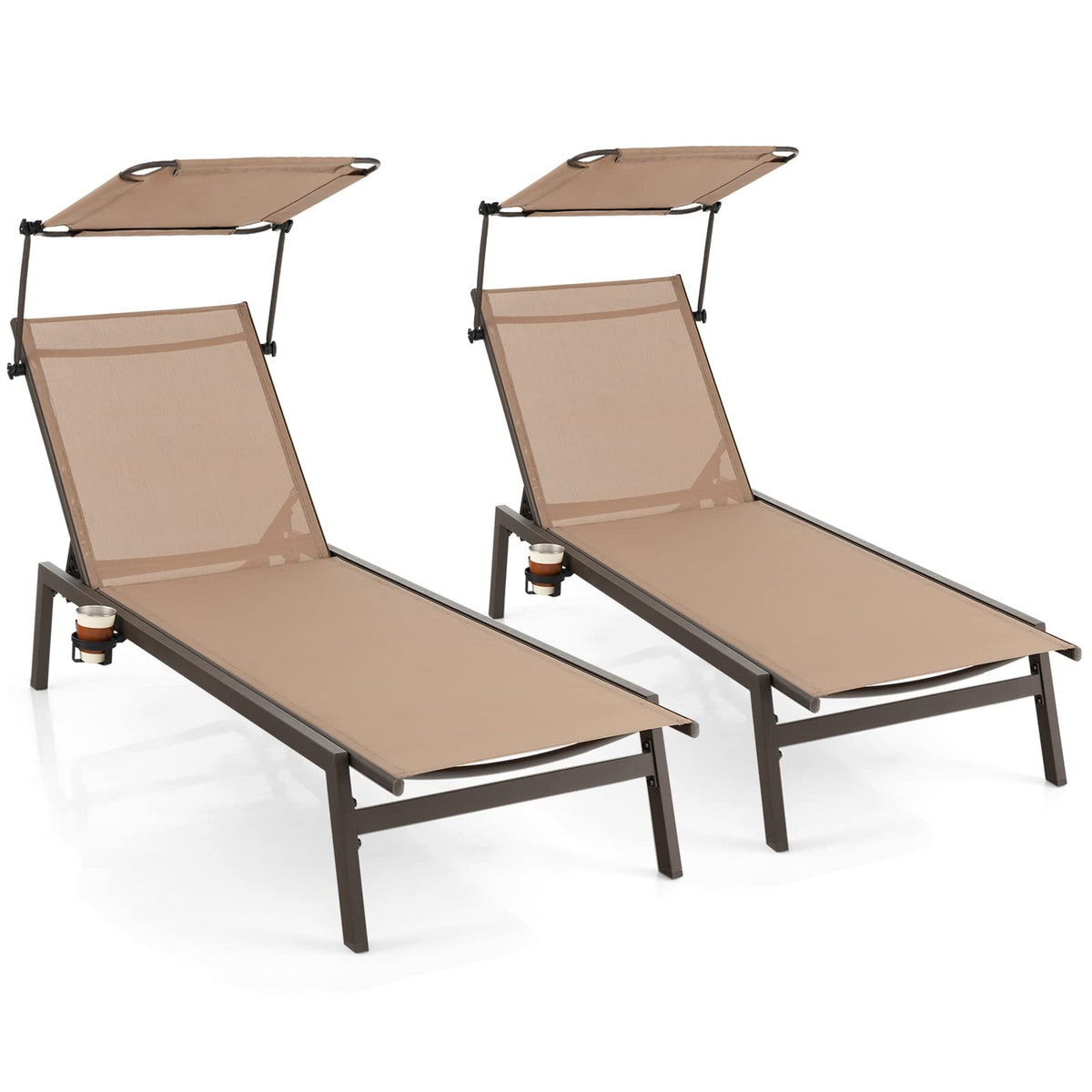 Tangkula 2 Pieces Patio Chaise Lounge Chair, Outdoor Recliner with Adjustable Canopy & Cup Holder, 6-Level Backrest, Heavy-Duty Metal Reclining Lounger for Poolside, Backyard (Brown)