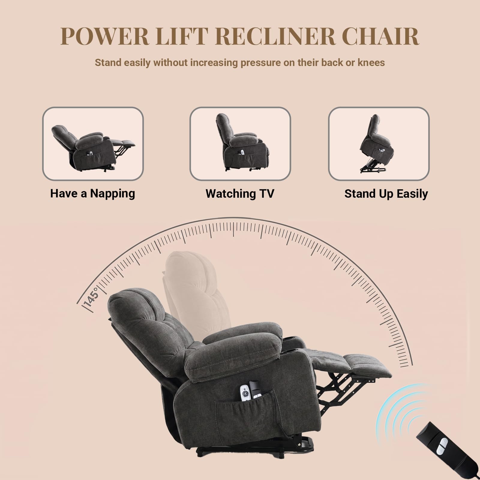 Power Lift Recliner Chair for Elderly with Lumbar Heat and Vibration Massage, Electric Lift Recliner Chair with Remote Control and USB Port,4 Storage Pockets & 2 Cup Holders for Living Room - Grey