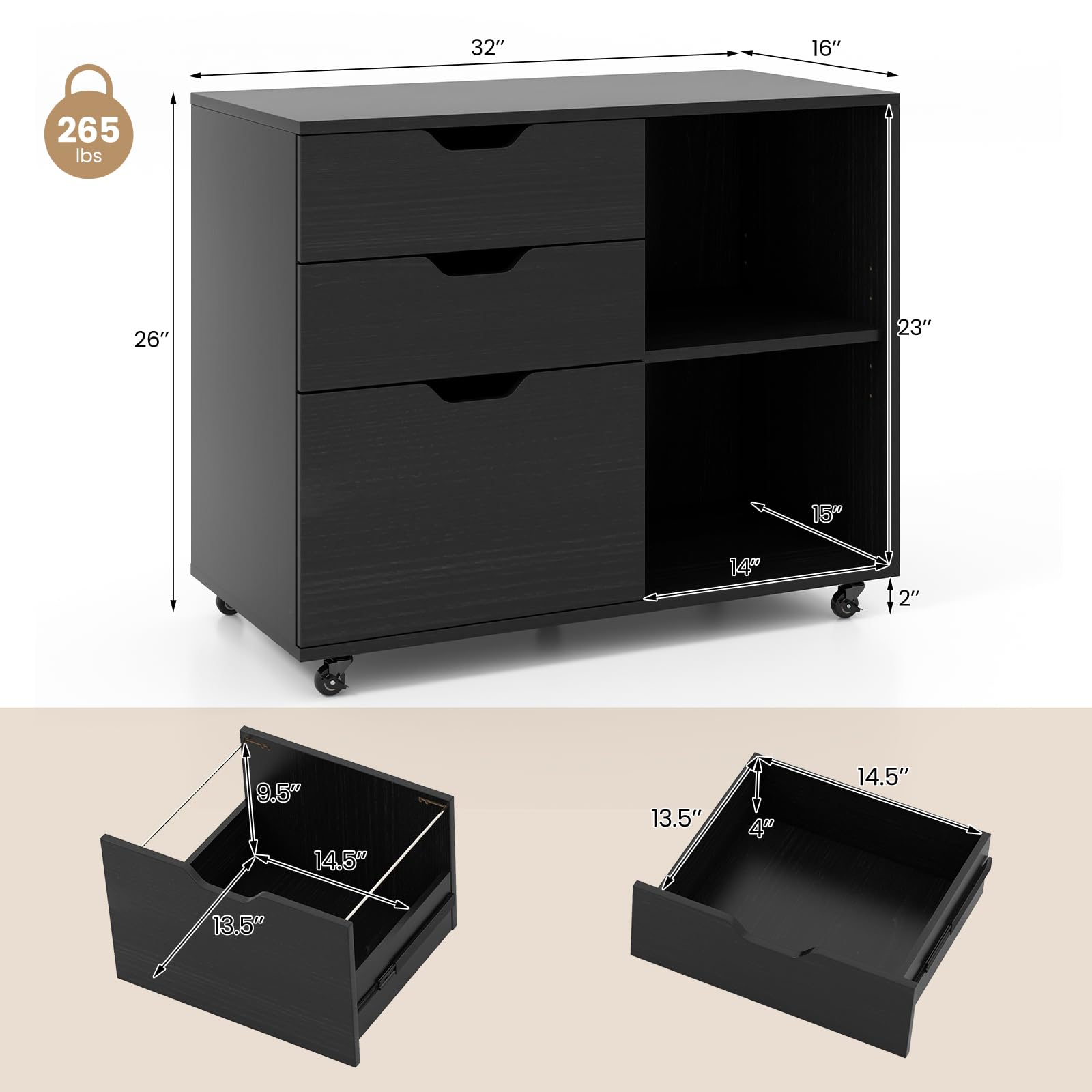 3-Drawer Rolling File Cabinet with Adjustable Shelf