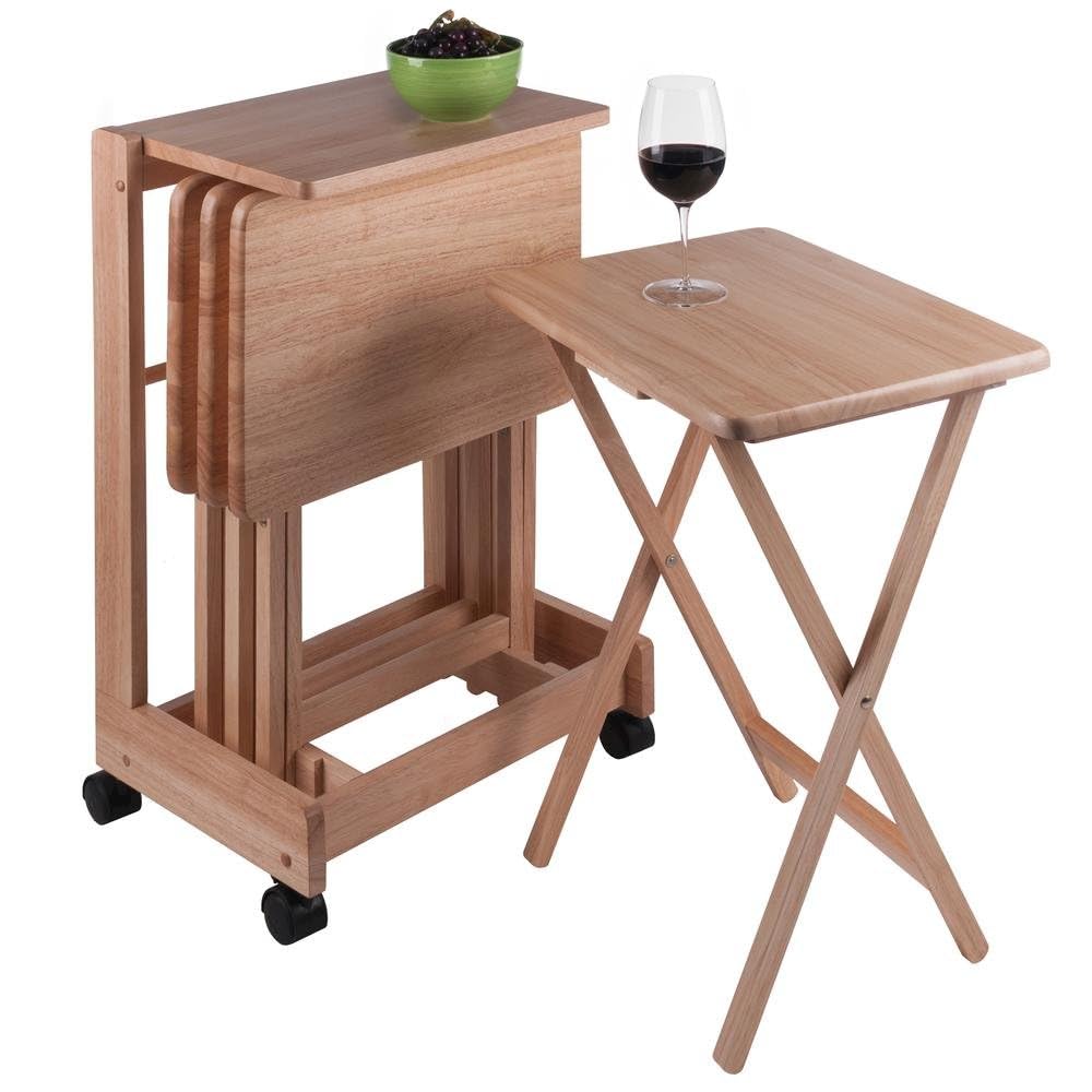 Furnifact Natural Color Solid Wood TV Tray Set – Folding Snack Tables with Stand for Eating, Serving, and Working Comfortably in Any Living Space