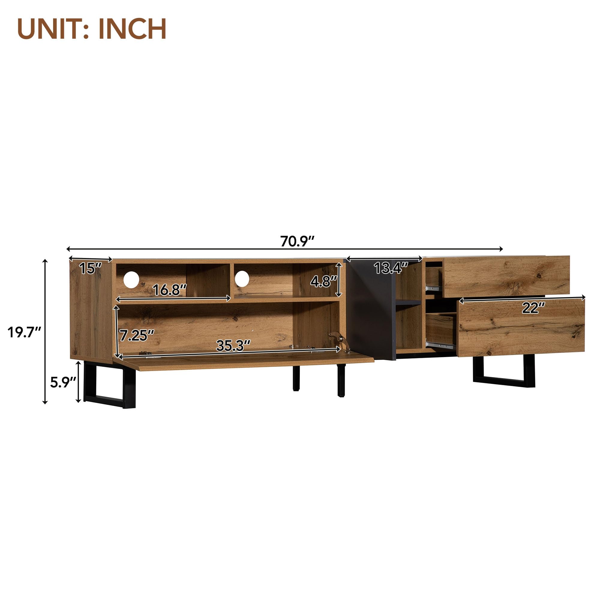 70" TV Stand with 3 Cabinets & Open Shelf