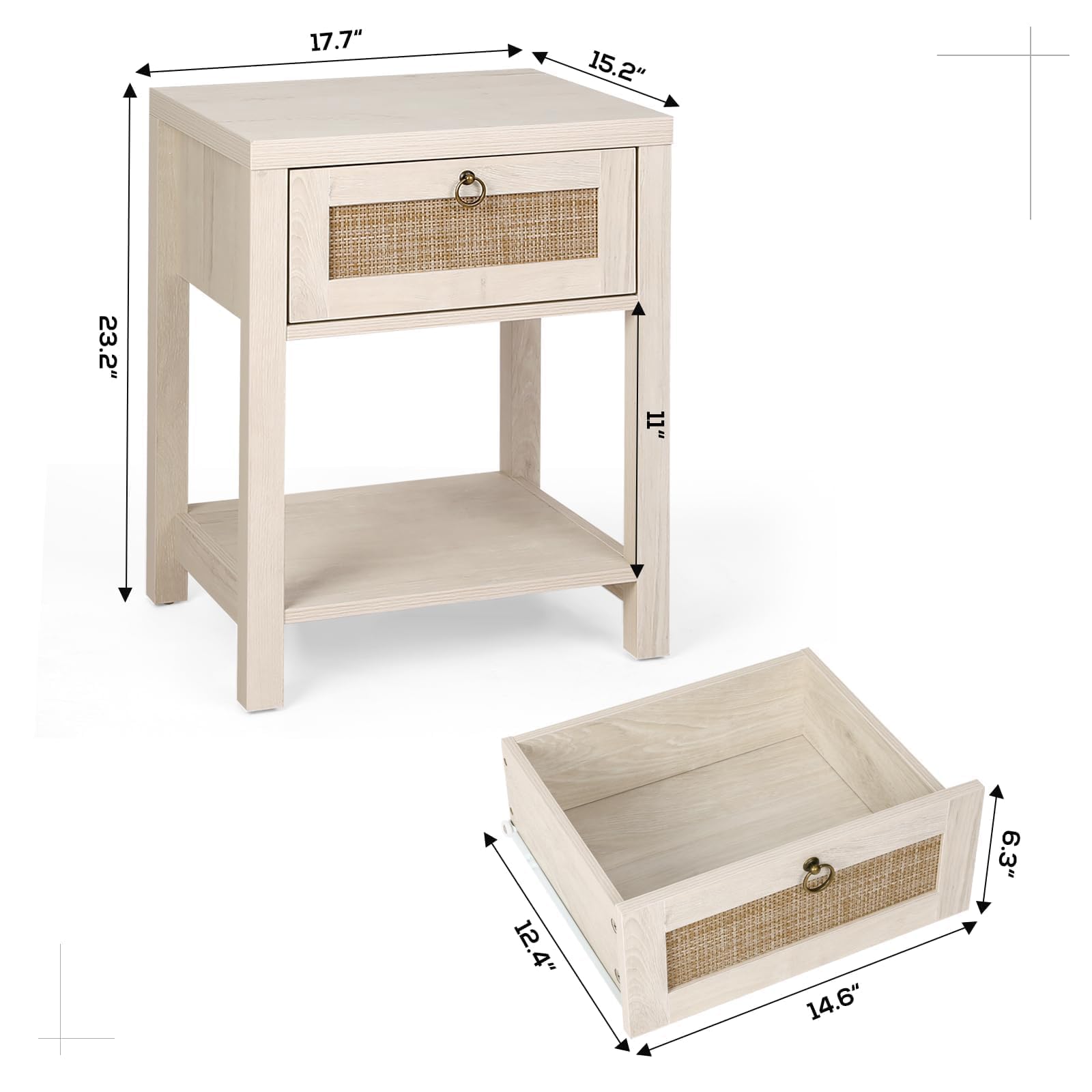 VOWNER Rattan Nightstands Set of 2 - Farmhouse Bedside Table Night Stand with Drawer and Storage Shelf, Boho End Side Table for Bedroom, Mesitas De Noche para Dormitorio, Light Oak
